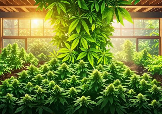 A conceptual depiction of kratom and cannabis cultivation in Canada, showcasing indoor kratom setup and outdoor cannabis garden, symbolizing growth and community collaboration.