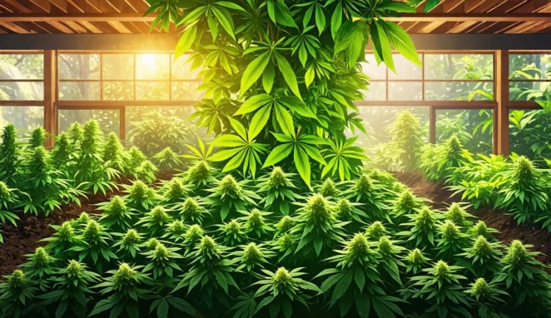 A conceptual depiction of kratom and cannabis cultivation in Canada, showcasing indoor kratom setup and outdoor cannabis garden, symbolizing growth and community collaboration.