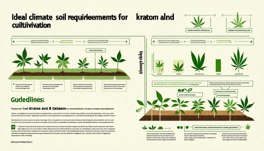 A diagram illustrating the climate and soil conditions needed for growing kratom and cannabis