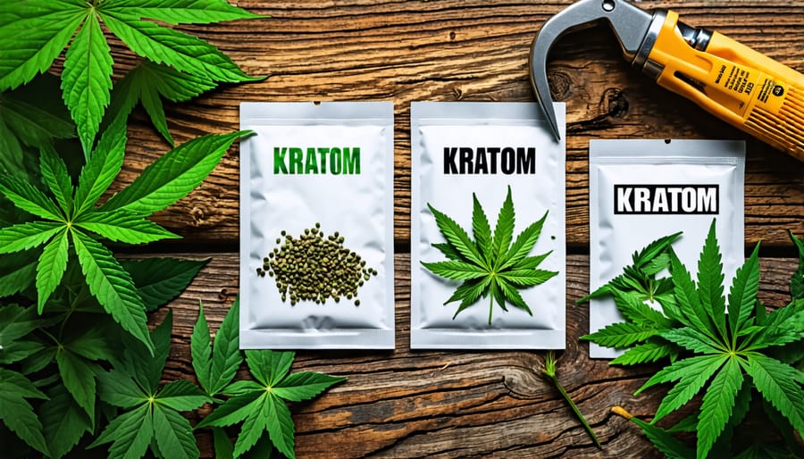 Kratom and cannabis seed packets with various propagation tools such as pots and soil