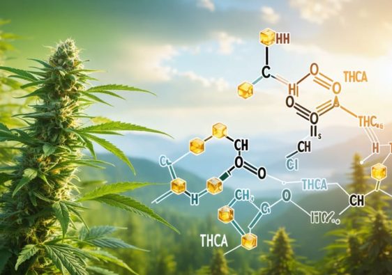 Conceptual illustration showing cannabis plants growing in Canada, overlayed with a chemical diagram of THCA, and gummy candies, representing the cultivation and production process of THCA gummies.