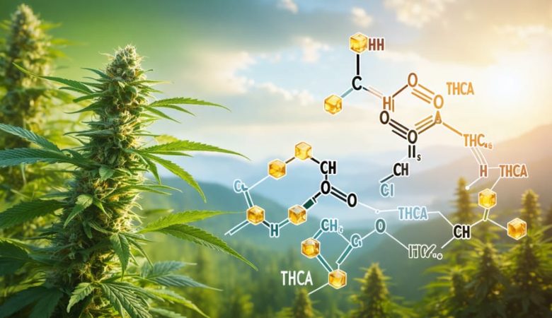 Conceptual illustration showing cannabis plants growing in Canada, overlayed with a chemical diagram of THCA, and gummy candies, representing the cultivation and production process of THCA gummies.