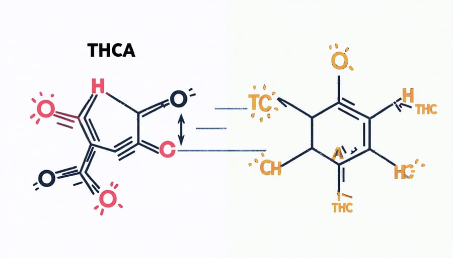 Diagram showing the molecular structure of THCA and highlighting differences from THC