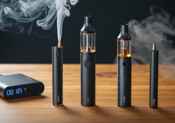 A selection of cannabis vaping devices, featuring a dry herb vaporizer, an oil pen, and a tabletop vaporizer, displayed on a wooden surface.