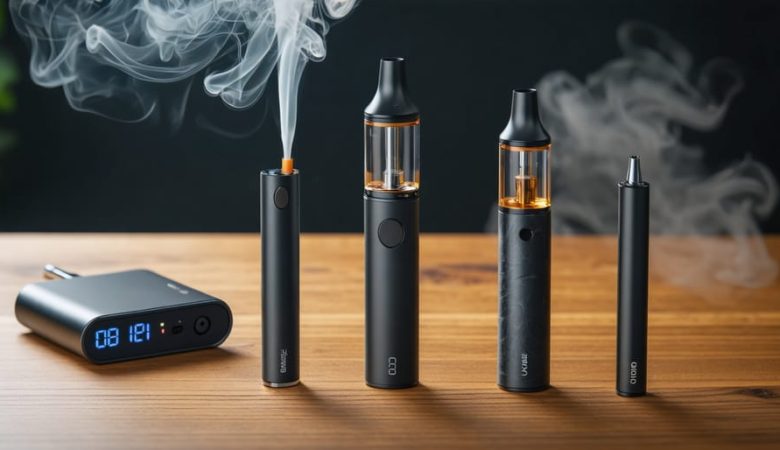 A selection of cannabis vaping devices, featuring a dry herb vaporizer, an oil pen, and a tabletop vaporizer, displayed on a wooden surface.