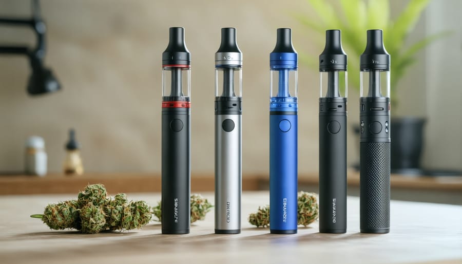 Different types of cannabis vaporizers displayed on a table