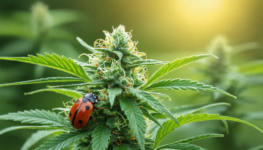 Ladybugs acting as beneficial insects on cannabis leaves for natural pest management