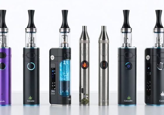 A vibrant display of modern cannabis vaporizers, both portable and desktop models, featuring design elements like temperature control and heating systems, with Canadian-themed accents.