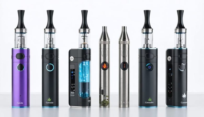 A vibrant display of modern cannabis vaporizers, both portable and desktop models, featuring design elements like temperature control and heating systems, with Canadian-themed accents.