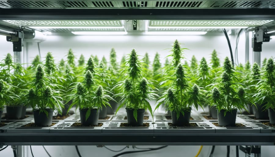 Professional cannabis growing facility with climate control systems and LED lighting