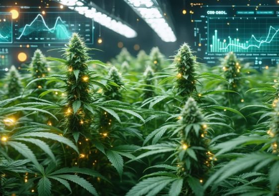 Conceptual illustration of a cannabis growing environment, highlighting the focus on optimizing conditions for CBD-rich strains with glowing trichomes, LED lights, and scientific data charts.