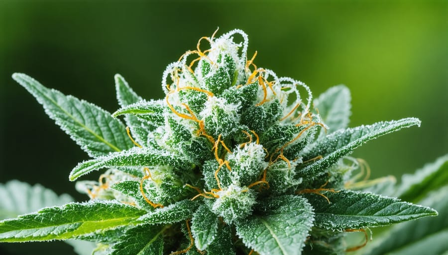 Macro shot of mature cannabis flower showing crystalline trichomes where CBD is concentrated