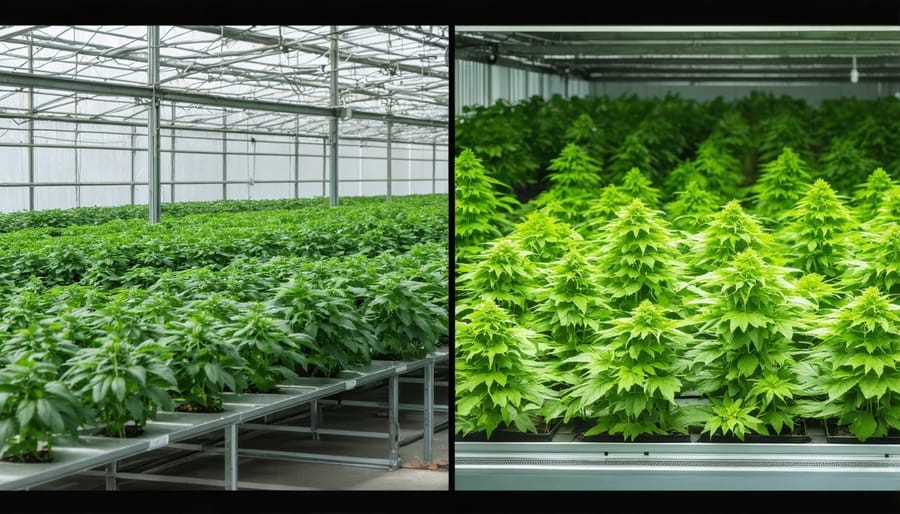 Comparison of indoor cannabis grow room versus greenhouse growing environment