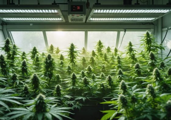 An indoor cannabis grow room featuring energy-efficient LED lights illuminating healthy cannabis plants, surrounded by smart climate control devices and a glimpse of solar panels through a window, showcasing a sustainable growing environment.