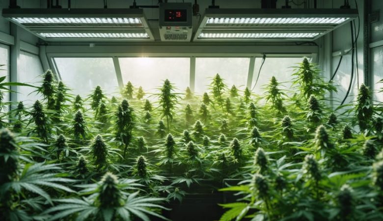 An indoor cannabis grow room featuring energy-efficient LED lights illuminating healthy cannabis plants, surrounded by smart climate control devices and a glimpse of solar panels through a window, showcasing a sustainable growing environment.