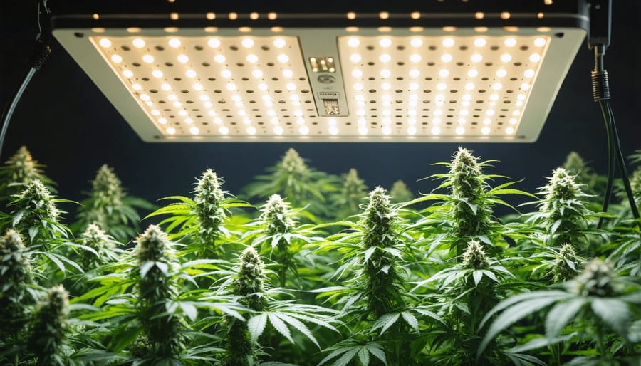 Energy-efficient LED grow lights illuminating healthy cannabis plants