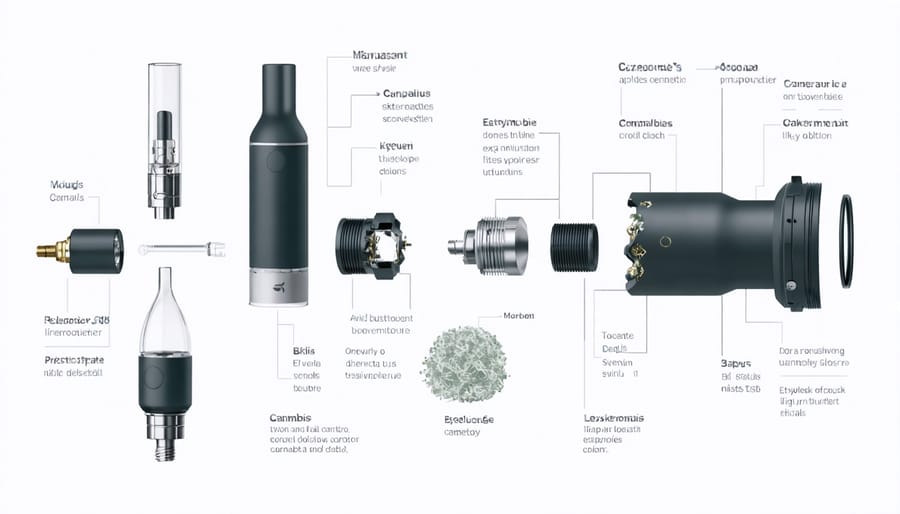 Technical diagram displaying various parts of a cannabis vaporizer including heating chamber, battery, and mouthpiece