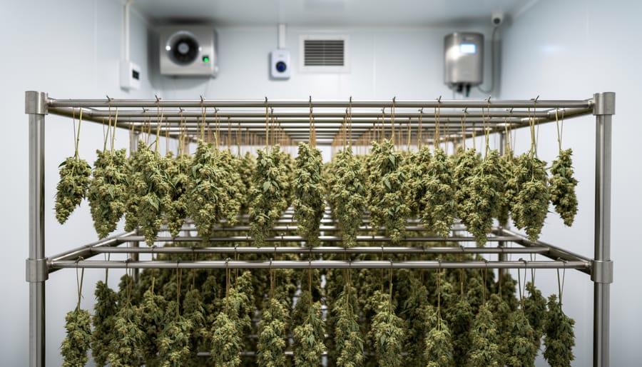 Dried cannabis buds hanging in a ventilated drying room with careful light and shadows