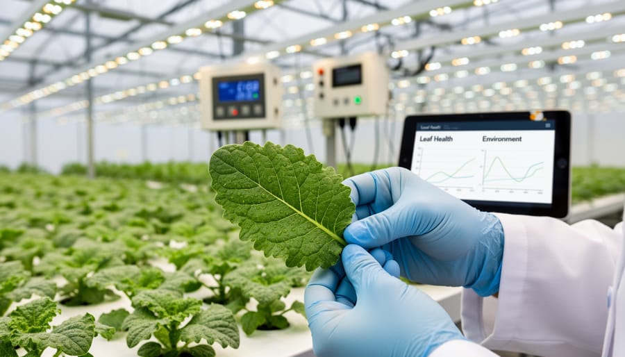 Gloved hand inspecting cannabis plants while monitoring equipment sits nearby in a grow room