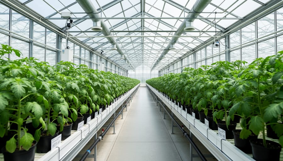 Healthy hemp-like cannabis plants growing in tidy greenhouse rows under glass panels