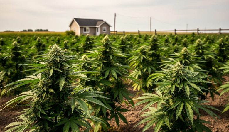 “Healthy hemp-derived cannabis plants growing outdoors in Canada with lush green leaves and flowering tops, lit by soft natural daylight.”