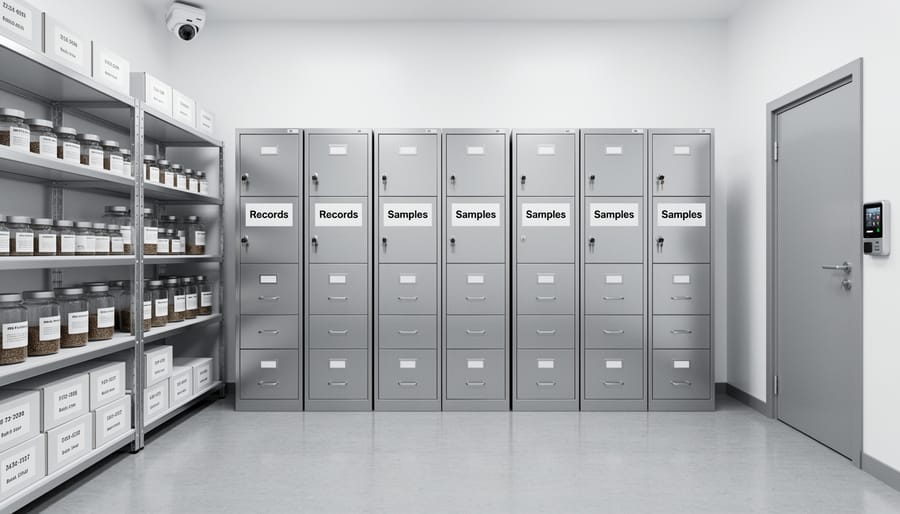 Locked metal cabinet with sealed sample bags and a clipboard on a work surface